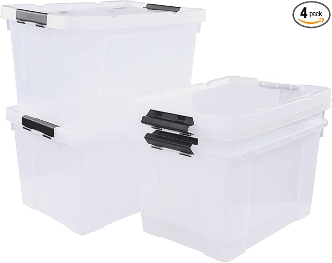Minekkyes 4-Pack 34 Quart Clear Latching Box Totes, Plastic Storage Bin