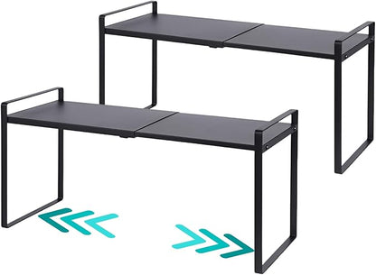 2 Pack Expandable Cabinet Shelf Organizer Riser for Kitchen Pantry Cupboard Under Sink Countertop (2 pack 8.2’’D * 12.2-21.6’’W * 10.4’’H) (Black)