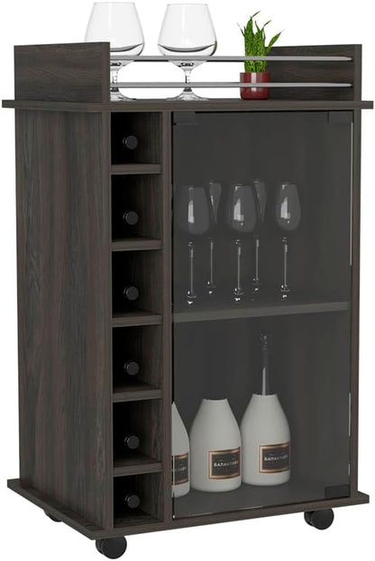 Mobile Bar Cart with Glass Door Cabinet, 6 Wine Bottle Storage Cubbies, Carbon Espresso Finish, 35" H x 21.6" W Bar Serving Cart with Wheels (Espresso)