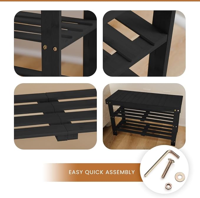 Leaf & Grain Bamboo Shoe Rack - Shoe Storage Bench for Front Door Entrance – Entryway Bench with Shoe Shelf, Shoe Storage Organizer, Wooden Shoe Rack, Durable Shoe Bench for Home (Black)