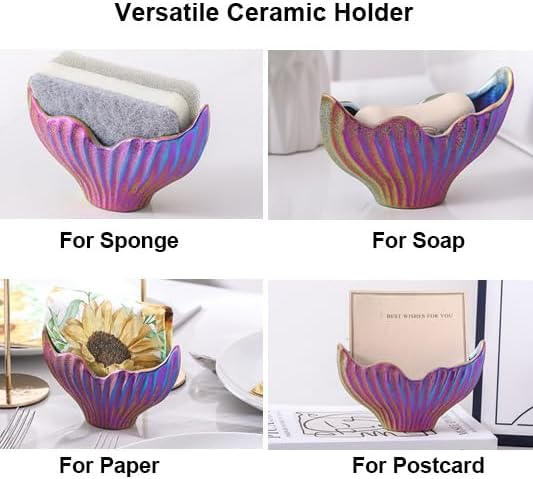 Uiddo Sponge Holder for Kitchen Sink, Ceramic Dish Sponge Holder with Fishtail Design, Sink Caddy Organizer for Countertop, Farmhouse Kitchen Decor, Compact Counter Dish Caddy (Rainbow)