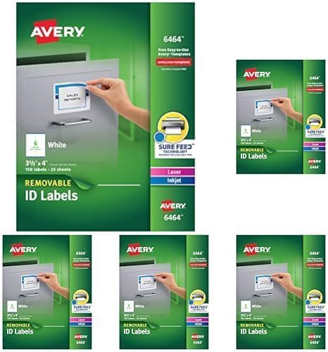 Avery Removable ID Labels, Sure Feed Technology, Removable Adhesive, 3-1/3" x 4", 150 Labels (6464) (Pack of 5)
