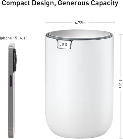 EKO Mini Desk Trash Can with Swing-Top Lid 0.4 Gallon Small Table Round Wastebasket for Office, Home, Car (White)