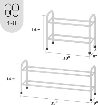 Expandable Shoe Rack, 2-Tier Metal Small Shoe Rack, Adjustable Shoes Organizer, Storage Shelf for Closet, Entryway, White