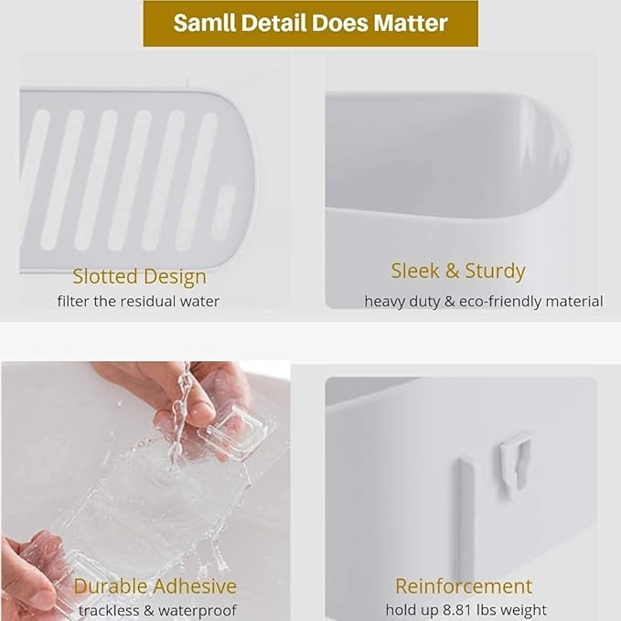 SUNFICON 2 Pack Adhesive Bathroom Shelf Organizer Shower Caddy No Drilling Shower Shelf Bath Essentials Shampoo Spice Holder 4 Clear Adhesives for Shower Room Bathroom Kitchen White
