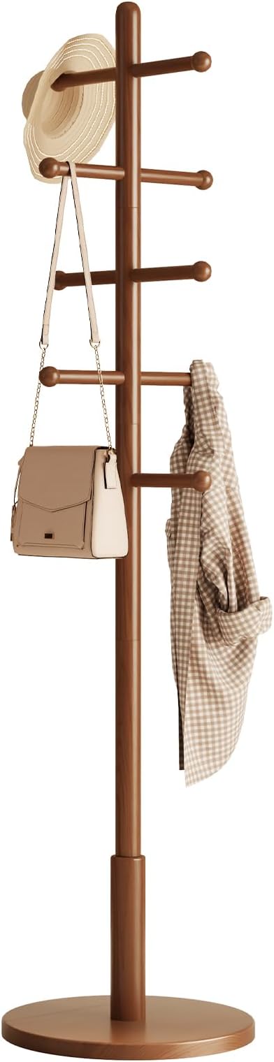 Solid Wood Coat Rack Freestanding with 10 Hooks, Coat tree freestanding 3 Adjustable Heights for coat, Hats, Handbags, Coat Stand for Entryway,Bedroom,office, Walnut
