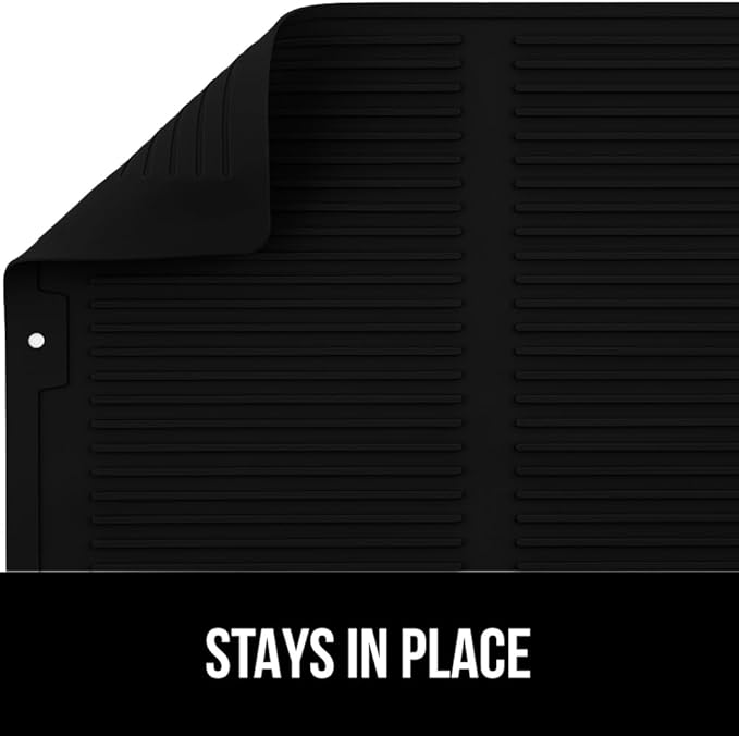 GORILLA GRIP 100% BPA-Free Patented Silicone Dish Drying Mat for Kitchen Counter, Water Catching Ribbed Design, Easy Clean Waterproof Sink Liner, Heat Resistant, Fits Under Rack, 11x13 Inch, Black