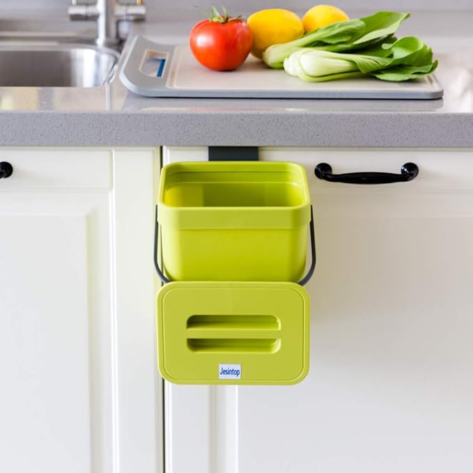 Food Waste Basket Bin for Kitchen, Odor-Free Food Scrap Container,Small Countertop Compost Bin with Lid, Mini Garbage Can Wall Mounted Trash Can, 3L/0.8 Gal Series, Green