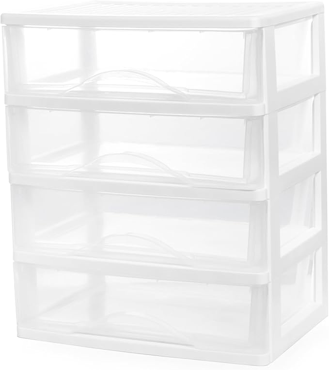 BYCY Plastic Stackable Storage 4 Drawers, White Bathroom Makeup Organizer with Wide Clear Drawers Tabletop Drawer Organizer for Desk,Easily Assemble for Fridge,Bathroom,Cabinet