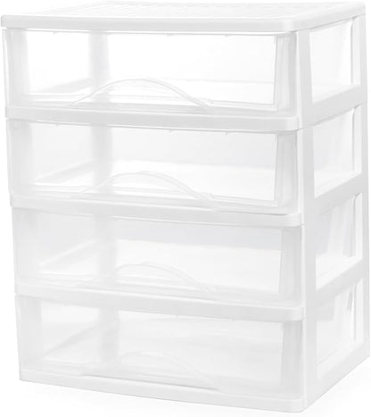 BYCY Plastic Stackable Storage 4 Drawers, White Bathroom Makeup Organizer with Wide Clear Drawers Tabletop Drawer Organizer for Desk,Easily Assemble for Fridge,Bathroom,Cabinet
