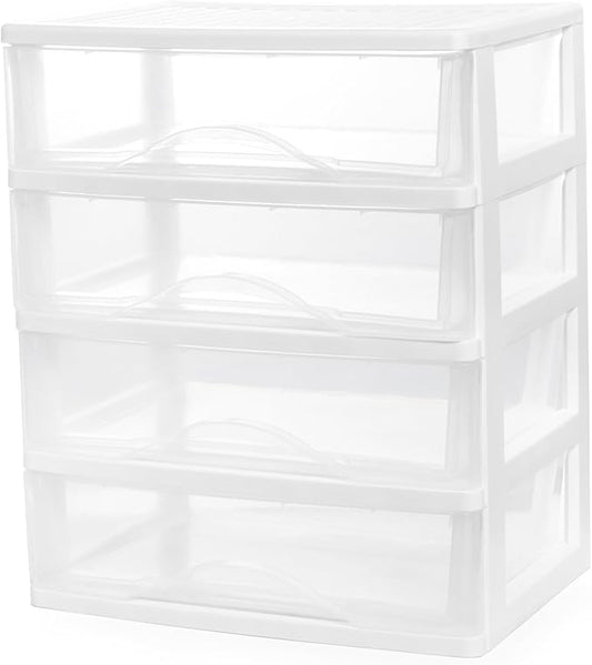 BYCY Plastic Stackable Storage 4 Drawers, White Bathroom Makeup Organizer with Wide Clear Drawers Tabletop Drawer Organizer for Desk,Easily Assemble for Fridge,Bathroom,Cabinet