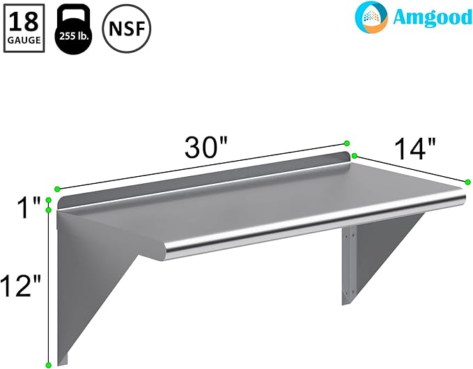 AmGood 30" Long X 14" Deep Stainless Steel Wall Shelf | NSF Certified | Appliance & Equipment Metal Shelving | Kitchen, Restaurant, Garage, Laundry, Utility Room