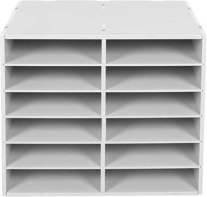 12 Slots Mail Sorters for Office, PVC Literature Organizer with Removable Shelves, Desktop Mail Center Paper Storage Cabinet for Files Magazines Documents, 8.9 * 2.3in Each Slot(12 Slots - White)