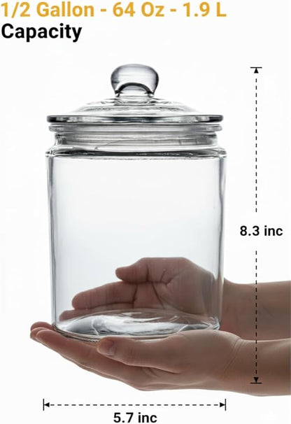 1/2 Gallon Glass Jar Airtight With Lid - Extra Gasket - Glass Canisters With Lids, Wide Mouth, 64 oz Glass Cookie jar, Candy Jar, Dog Treats, Sugar, Food, Kitchen Storage and Laundry Room