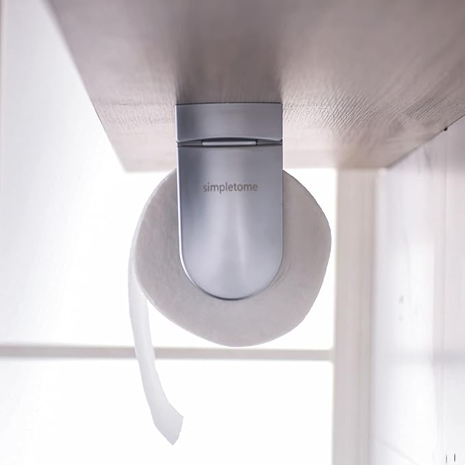 simpletome ONE Hand Tear Paper Towel Holder Under Cabinet Adhesive or Drilling Installation Aluminum Alloy + ABS (Pearl Chrome Silver)