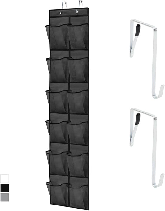 GORILLA GRIP Over the Door Shoe Organizer, 12 Large Breathable Mesh Pockets, Space Saving Hanging Storage Holder, 2 Hook Closet Rack Hanger, Hangs on Closets for Shoes, Accessories, 64H x 9.5W Black