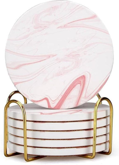 Cute Pink Marble Coasters Set of 6 Pack Stone Coffee Table Decor Absorbent Ceramic Cup Coaster with Holder Decorative Tea Bar Accessories Gift Kitchen Desk Coster Drink Modern Funny Aesthetic Coasters