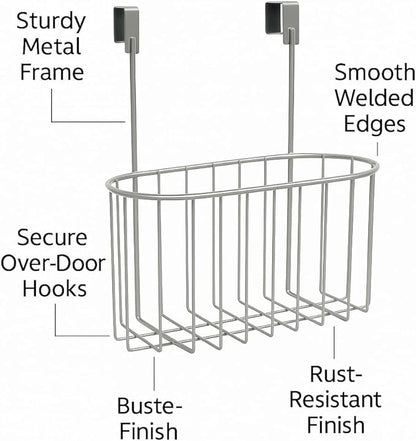 SKYREN Over Cabinet Door Organizer Basket, Satin Nickel Finish, Under Shelf Hanging Storage for Kitchen, Pantry, Bathroom, Laundry, 10.24 x 11.26 x 6.26 in