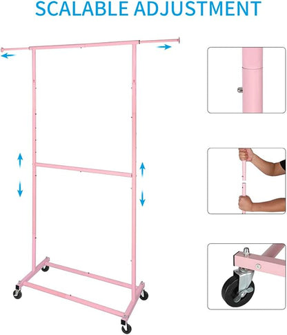 Pink Simple Standard Double Rod Rolling Clothing Garment Rack for Hanging Clothes, Metal Clothes Organizer with Lockable Wheels Mobile for Women, Girls and Kids, Portable Freestanding