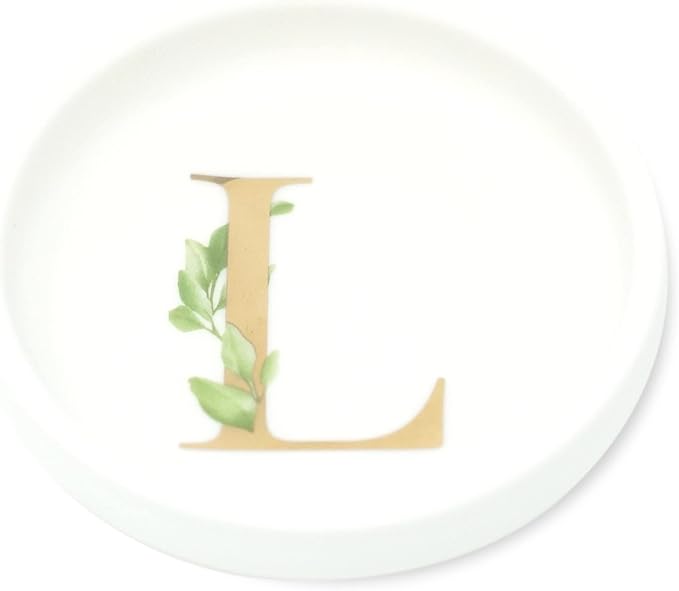 Trinket Tray Jewelry Dish with Monogrammed L in Gold Ring Holder - White Trinket Dish - Personalized Ring Dish or Jewelry Tray - Cedar & Ink (L)