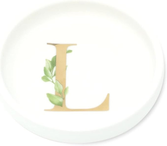 Trinket Tray Jewelry Dish with Monogrammed L in Gold Ring Holder - White Trinket Dish - Personalized Ring Dish or Jewelry Tray - Cedar & Ink (L)