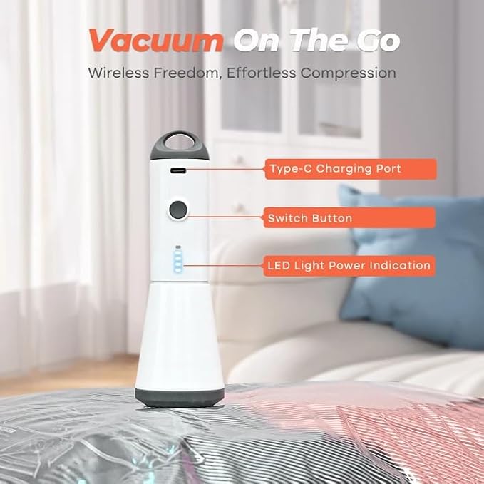 Vacbird Vacuum Seal Bags for Clothing with Rechargeable Cordless Pump, 18 Pack Vacuum Storage Space Saver Bags, Compression Packing for Clothes Bedding Blanket Pillows Comforters Luggage Travel