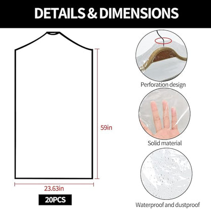 BEISHIDA 20PCS 60 Inch Plastic Garment Bag-Plastic Clear Dry Cleaner Laundry Bags for Clothes Cover, Hanging Clothes Storage for Long Dresses Skirt Coat Suit Shirt Jacket