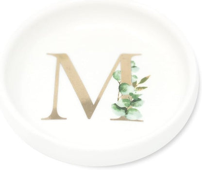 Trinket Tray Jewelry Dish with Monogrammed M in Gold Ring Holder - White Trinket Dish - Personalized Ring Dish or Jewelry Tray - Cedar & Ink (M)