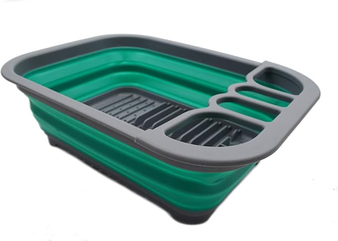 SAMMART Collapsible Plastic Dish Drainer - Foldable Drying Rack Set - Portable Dinnerware Organizer - Space Saving Dishes and Utensil Kitchen Storage (1, Dark Grey/Bluish-Green (w/o Base Board))
