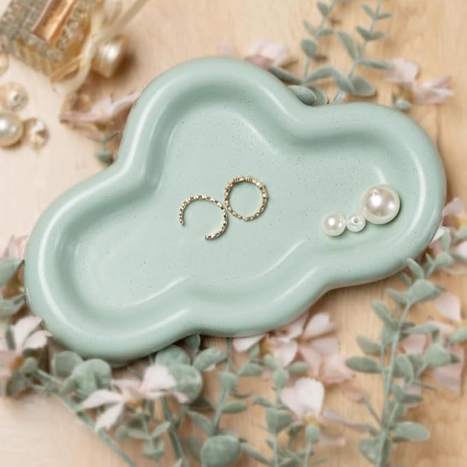 Cloud Trinket Dish, Chubby Jewelry Tray, Ceramic Jewelry Ring Trinket Dish for Rings Earrings Necklace Organizer, Mother's Day Thanksgiving Christmas Birthday Bridesmaid Gifts (T-Green)