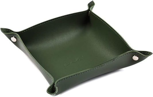 SANQIANWAN Leather Jewelry Valet Tray for Women and Man, Entryway Table Bedside Nightstand Desk Portable Small Catchall Travel Dish Plate for Key,Wallet,Watch,Phone,Coin(Dark Green-B)