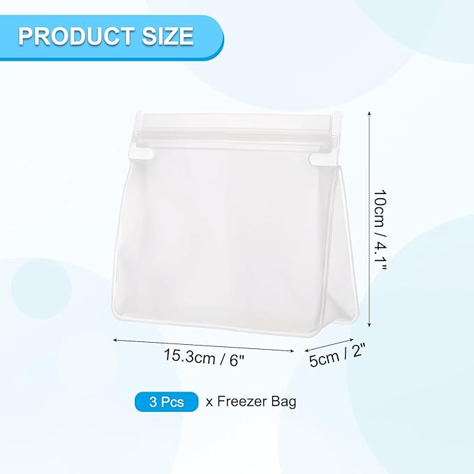 PATIKIL 6"x2"x4.1" Reusable Freezer Bag, 3 Pcs Leakproof Zip Food Storage Stand Up Bags Fridge Snack Vegetable Fruit Ice Container for Long-Lasting Freshness, Transparent