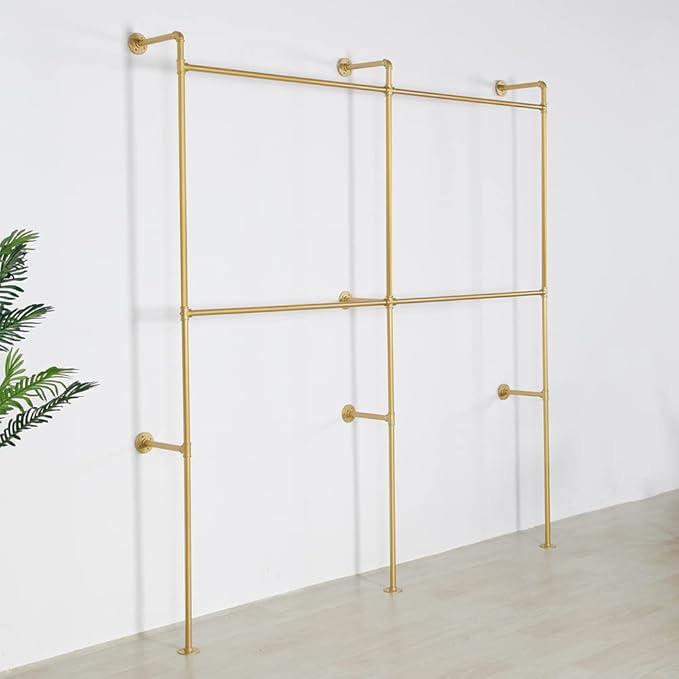 Industrial Pipe Clothes Rack Metal Clothing Store Display Stands Wall Mounted Garment Rack, Heavy Duty Hanging Rod for Closet Storage, 89.8in Gold