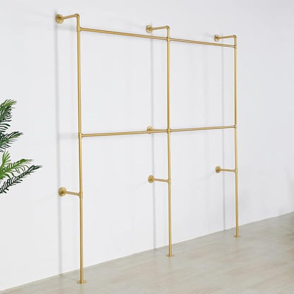 Industrial Pipe Clothes Rack Metal Clothing Store Display Stands Wall Mounted Garment Rack, Heavy Duty Hanging Rod for Closet Storage, 89.8in Gold