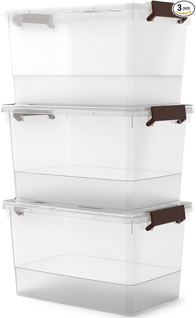 17 QT Plastic Storage Bins with Lids Large Stackable Storage Containers for Organizing Clear Storage Box for Kitchen Garage, Closet, 3-Packs
