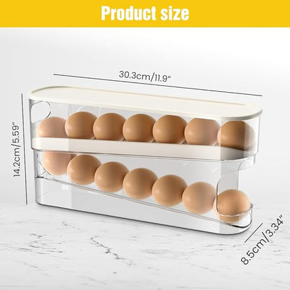 2025 New Egg Holder for Fridge, Egg Organizer for Refrigerator Automatic Scrolling Eggs Rack Holder Rolling Dispenser Stackable Container and Storage for Refrigerator with Lid