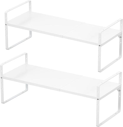 iPEGTOP Expandable Cabinet Storage Shelf Organizer Rack, Heavy Duty Cupboard Stand Spice Rack Adjustable Height Garage Pantry Shelf Space Riser for Counter Kitchen Organization, White, 2 Pack