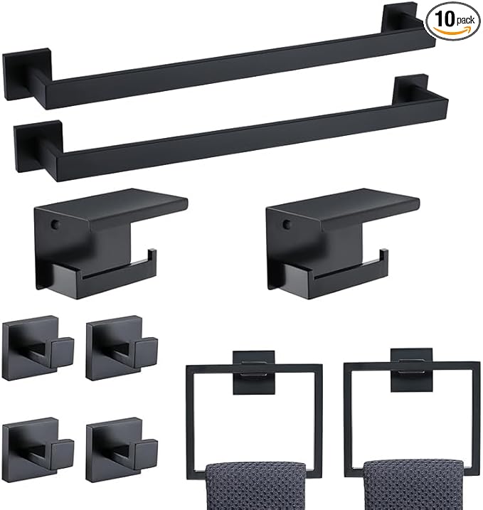 23.6 Inch SUS304 Stainless Steel Bathroom Hardware Set - 10-Piece Wall-Mounted Towel Bar, Holder & Racks - Matte Black