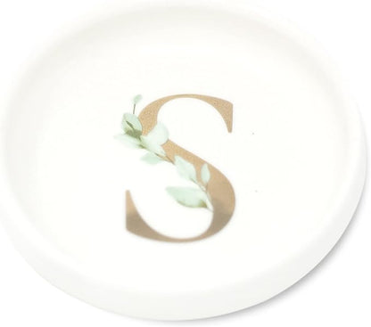 Trinket Tray Ring Dish with Personalized S in Gold Foil and Greenery - White Ring Dish - Monogrammed Trinket Dish or Jewelry Bowl - Cedar & Ink (S)