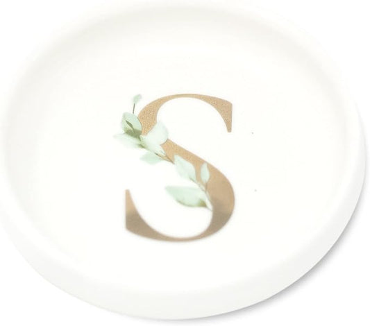 Trinket Tray Ring Dish with Personalized S in Gold Foil and Greenery - White Ring Dish - Monogrammed Trinket Dish or Jewelry Bowl - Cedar & Ink (S)