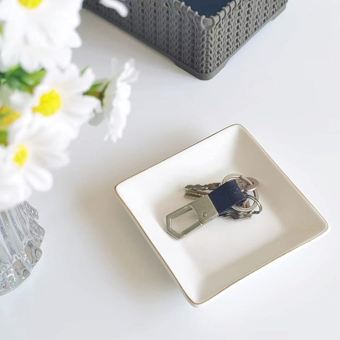 HANKOR Ceramic Jewelry Dish Tray, Decorative Trinket Tray Holder for Ring Earring Key, Gift for Women Girls, 4.7inch, White