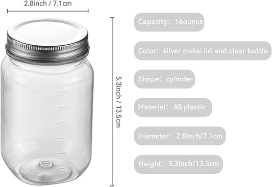 novelinks 16 oz Clear Plastic Jars with Lids, Refillable 16oz Mason Jars with Lids & Storage Containers for Kitchen & Household Use (20 Pack,Silver)