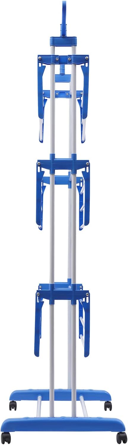 Foldable Clothes Drying Rack, 4 Tier Metal Clothes Rail with Wheels 7 Windproof Hooks Clothes Horses Rack Laundry Garment Dryer Stand with 2 Side Wings Indoor, Outdoor, Bedroom, Loft (Blue)