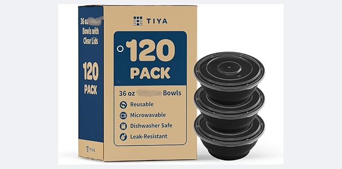 TIYA Food Bowls - 36 oz Bulk 120 Pack with Lids - Black Plastic To-Go Containers - Reusable, Microwavable, Dishwasher Safe - Leak-Resistant for Soups & Meal Prep - BPA-Free