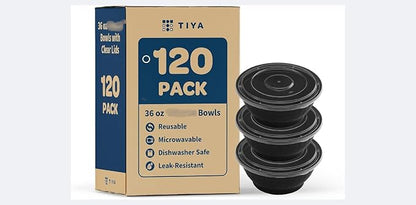 TIYA Food Bowls - 36 oz Bulk 120 Pack with Lids - Black Plastic To-Go Containers - Reusable, Microwavable, Dishwasher Safe - Leak-Resistant for Soups & Meal Prep - BPA-Free
