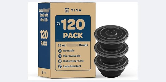 TIYA Food Bowls - 36 oz Bulk 120 Pack with Lids - Black Plastic To-Go Containers - Reusable, Microwavable, Dishwasher Safe - Leak-Resistant for Soups & Meal Prep - BPA-Free