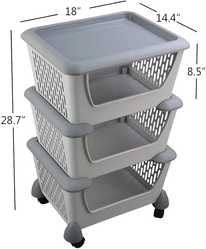Asking Gray Plastic Kitchen Stackable Storage Basket, 3-Tier Stacking Organizer Basket with Wheeles