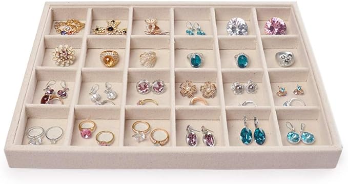 Oirlv Stackable Linen Jewelry Tray Adjustable 24 Grid Jewelry Storage Case for Drawer or Showcase