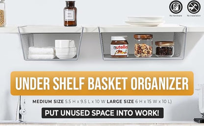 YBM Home Under Shelf Basket (6-Pack) Mesh Stainless Steel Storage Under Cabinet Hanging Basket Rack Maximize Space in Cabinets, Pantry Room, Bathroom, Laundry Room, and More, 1131