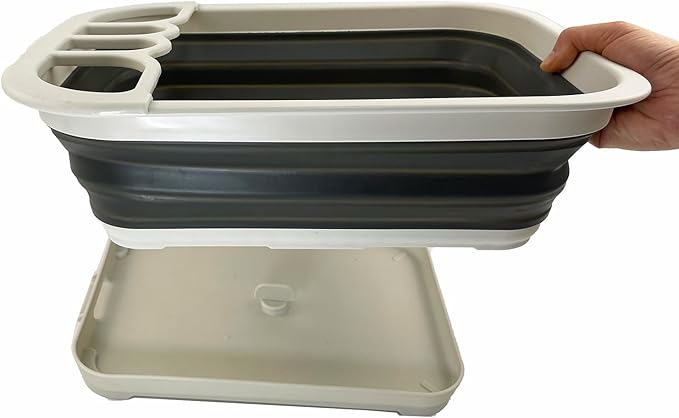 SAMMART Collapsible Dish Drainer with Drainer Board - Foldable Drying Rack Set - Portable Dinnerware Organizer - Space Saving Kitchen Storage Tray (2, Grey/Washed Black)